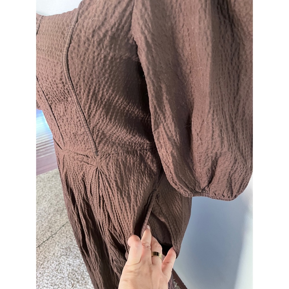 A New Day Brown Seersucker Puff Sleeve Midi Dress Smocked Back Square Neck Small - Picture 2 of 8